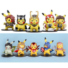 Load image into Gallery viewer, Pokemon Pikachu Figures Cosplaing Black Widow, Spiderman,  Captain America, Hulk, and Thanos
