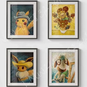 Pokemon Van Gogh Style Pikachu, Snorlax, and Eevee Canvas Posters