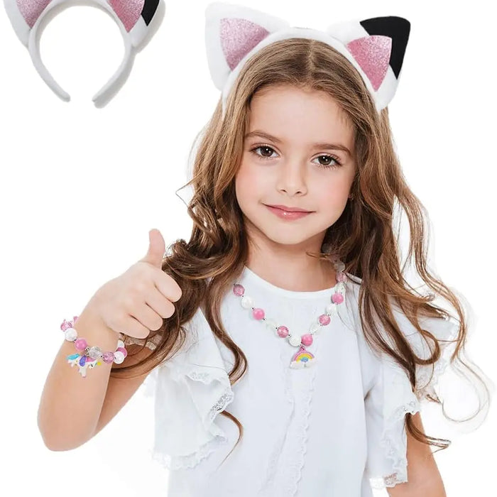 Cat Ear Headband - White Fluffy Cat Ears with Pink Glitter, Cosplay and Party Headpiece for Kids (1-5 Packs)