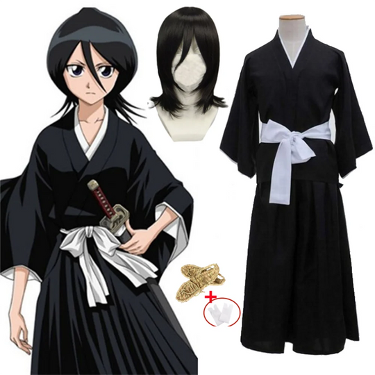 Kuchiki Rukia Soul Reaper Cosplay Set - Bleach Shihakusho Kimono, Bob Wig and Waraji Sandals