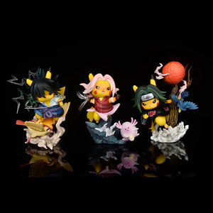 Pokemon Pikachu Cosplaying Naruto Haruno Sakura and Uchiha Sasuke Action Figures