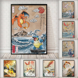 Ukiyoe-themed Pokemon Posters Showcasing Pikachu, Charizard, Blastoise and More