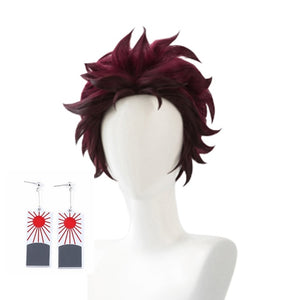 Demon Slayer: Kimetsu no Yaiba Tanjiro Kamado Hair Cosplay Costume Wig + Earrings