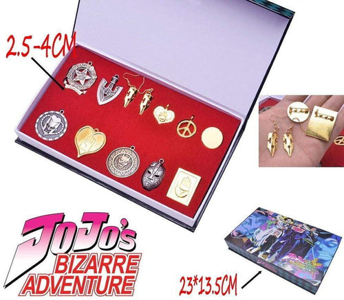 12pcs/set Anime JoJo's Bizarre Adventure Badge Pins Earring Necklace+Keychain+Box KeyRing Pendant Collection - TheAnimeSupply